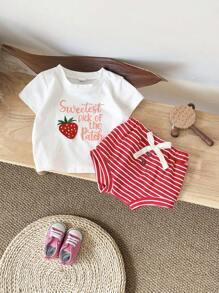 2 Stücke/Set Baby Mädchen rosa Erdbeere Stickerei Buchstaben Muster Kurzarm T-Shirt + Shorts, Sommer - Rot - Übersicht 3