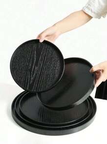1 件/2 件/3 件圆形木质托盘，黑色 - 用于盛放食物、小吃、饮料、寿司、牛排、披萨、甜点、蛋糕、面包、早餐托盘、咖啡托盘、茶托盘、熟食店、厨房、圣诞礼物 - 黑色 - 查看 3