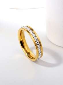 1 件奢华金色不锈钢 CZ 水钻戒指，时尚日常/婚礼/情人节配饰，适合女士 - 金黃色 - 查看 1