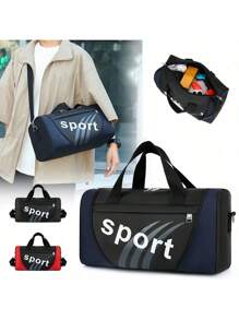 Casual Color Block Round Tube Sports Shoulder Bag, Casual Letter Pattern Round Tube Sports Fitness Bag, Portable Zipper Lightweight Handbag Fashion Unisex Daily Use Bag, Large Capacity Luggage Bag, Training Bag. Suitable For Teen Summer Casual Outdoor Athletic Or Vacation Travel Or Graduation Gifts Or Birthday Dress Accessories
