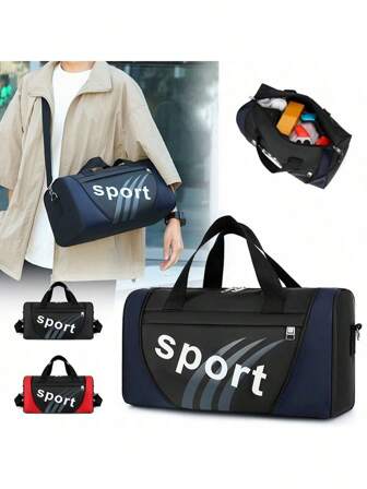 Borsa sportiva casual a tracolla con blocchi di colore, Borsa fitness casual a tubo rotondo con motivo a lettere, Borsa a mano leggera con cerniera, borsa unisex casual adatta per uso quotidiano, Borsa da viaggio con grande capacità, Borsa da allenamento. Adatta per teenager, casual estivo, all'aperto, atletica, vacanze, regali di laurea o accessori per abiti per compleanno