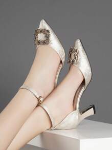 Women's Pointed Toe High Heeled Shoes, Chunky Heel, Closed Toe, Design With Rhinestone Decor - Apricot - View 4