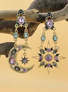 新款巴洛克风格夸张日月不对称长耳环，复古女士耳环礼物 - 金色 - 查看 4