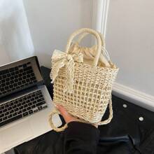 时尚百搭纯色草编手提包，休闲手提单肩包，带蝴蝶结装饰，适合旅行、购物