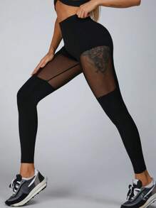 Women's Mesh Yoga Leggings, Hollow-Out Breathable Quick-Dry Skinny Pants For Running, Workout, Fitness, Spring/Summer, Black