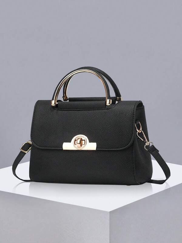 金属装饰方形手提包、撞色翻盖单肩包、女式带扣单肩包、女式迷你斜挎钱包和手提包、PU 皮革翻盖钱包