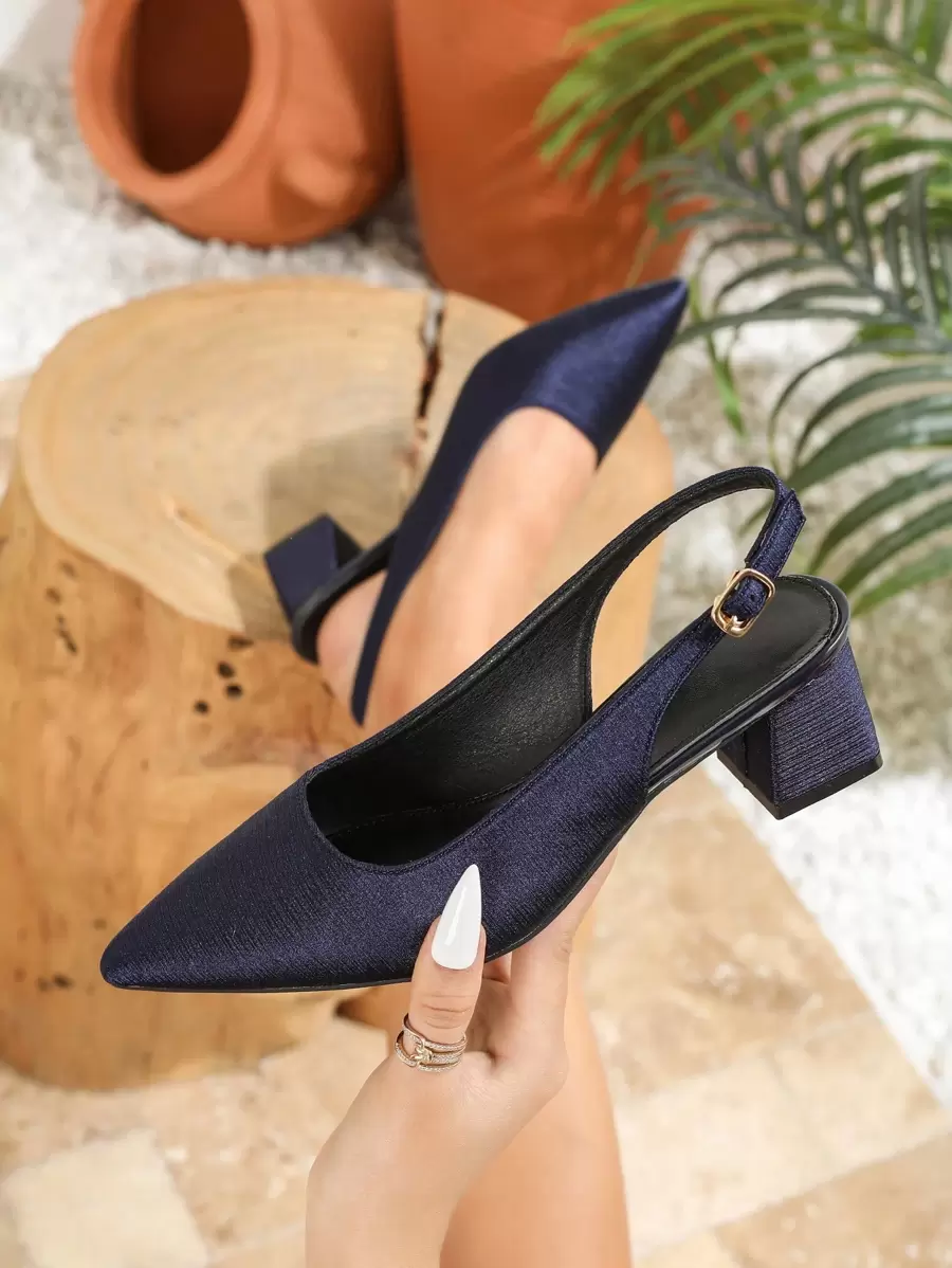 Fall/Winter Pointed Toe High Heel Sandals, Women's Closed Toe Backstrap Satin Platform Chunky Heel Summer Shoes, 2025 New Arrival, Elegant - Navy Blue - View 1