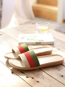 Women's Linen Couple Slippers, Wavy Design Indoor Non-Slip Beach Vacation Sandals, Spring Summer Autumn