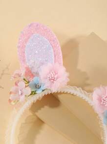 1pc Rabbit Ears Headband With Small Pink And White Flowers, Nature Style