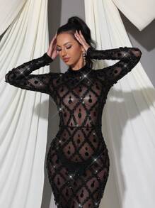 Modphy Vestido de Body entero de manga larga de malla transparente con lentejuelas y strass - Vestido de dama de honor de lujo para boda, fiesta, eventos, invitado de boda, vestido de noche