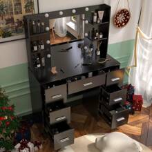 Favourite Gift Vanity Table Makeup With 10 Led Lighted Mirror Dressing Open Shelf And 7 Drawers - Black - View 2