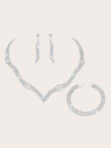 Eenvoudige en explosieve high-end superglimmende diamanten ketting oorbellen armband set modieuze sleutelbeenketting bruidssieraden driedelige set - geschikt voor dagelijks gebruik door vrouwen, bruiloften, feesten, enz.