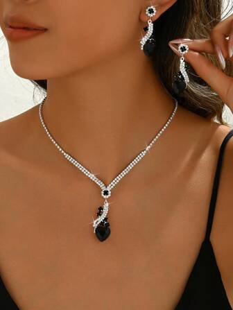 3 件套女士婚礼首饰套装，心形项链，耳环，优雅，新娘配饰，感恩节