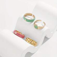 4 件时尚小众镂空水钻镶嵌彩色指节戒指套装，适合女士日常佩戴 - Golden - 查看 2