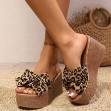 Women's Wedge Platform Bow Decor White Open Toe Sandals, Summer - Brown - View 4