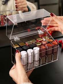 1 pieza Soporte con tapa para 18 lápices labiales, organizador de almacenamiento rectangular y redondo a prueba de polvo para lápices labiales, brillo de labios, pinceles, organizador de maquillaje con múltiples compartimentos y gradiente, expositor acrílico para esmalte de uñas con tapa transparente