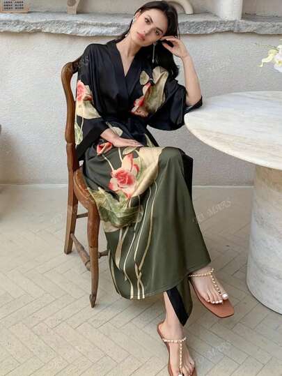 Vintage Elegant Loose Floral Print Mid-Length Kimono Cover Up Outerwear, Summer Tie-Waist Robe Beachwear