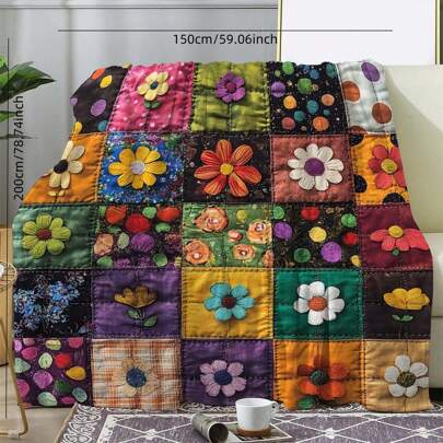 1pc Vintage Floral Patchwork Flannel Blanket - Cozy Soft Comfort Throw For Sofa, Bed, Office, Car, Camping, Travel - All Seasons Gift, Digital Print, Knitted Polyester