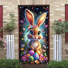 1 pieza Decoración de puerta con corona de Pascua, conejo y huevo, de 35.4*70.9 pulgadas de poliéster, diseño rústico con conejo realista y huevos decorativos, ideal para la entrada del hogar, jardín, patio y decoración de eventos, sin necesidad de electricidad