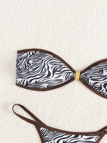 2pcs/Set Women's Metal Buckle Allover Print Contrast Trim Bikini Set For Summer Beach Vacation - Multicolor - View 2