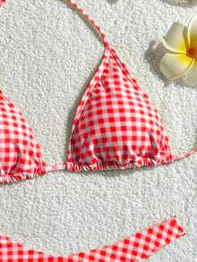Women's Printed Fashionable Yellow Plaid Pattern Mini Triangle Bikini Set, Suitable For Summer Swimwear - Red - View 4