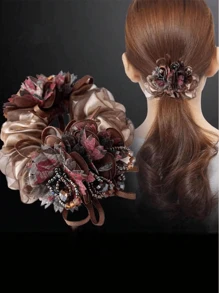 1款女士新款双头花朵高弹力发圈，可扎头发，橡皮筋材质，布艺发圈，球形发绳，女士优雅发圈，家居美发饰品 - 咖啡 - 查看 6