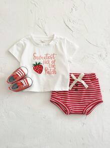 2 Stücke/Set Baby Mädchen rosa Erdbeere Stickerei Buchstaben Muster Kurzarm T-Shirt + Shorts, Sommer - Rot - Übersicht 8