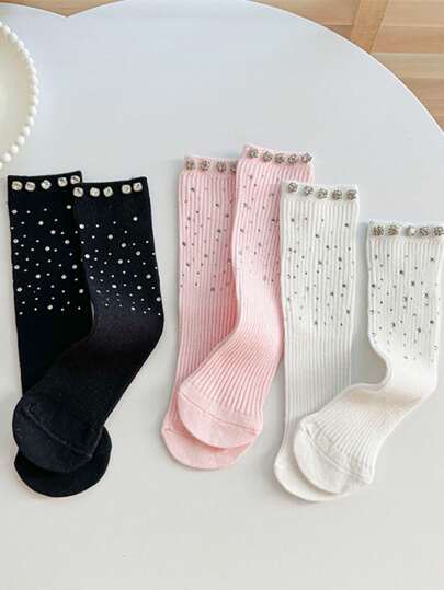Spring/Summer Lightweight Korean Style Fully Rhinestone Shiny Mid-Calf Socks, Fashionable Versatile Socks With Rhinestone Decor