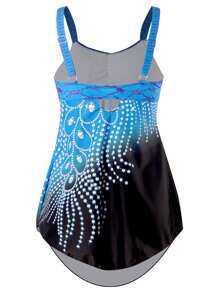 Women Plus Size One-Piece Swimsuit With Rhinestones Contrast Color Swimwear,Sizes S-6XL - Mint Blue - View 4