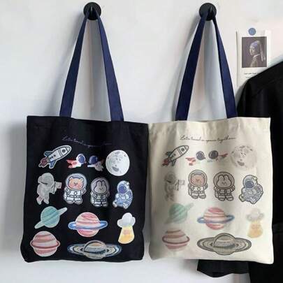 Bolso de hombro de gran capacidad para mujer y niña, bolsa de compras suave con estampado de gato portátil, bolso de mano de lona Se envían al azar una variedad de patrones de dibujos animados.
