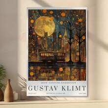 Framed Vintage Art Poster - Gustav Klimt Moonlit City & Train  Canvas Print - Modern Living Room, Bedroom, Dorm Decor Perfect Gift Idea  Birthday Party Decor, Mother's Day New Year Easter Gift, , Home Living Room Office Wall Decor, Perfect Gift And Wall Decoration - Framed - View 1
