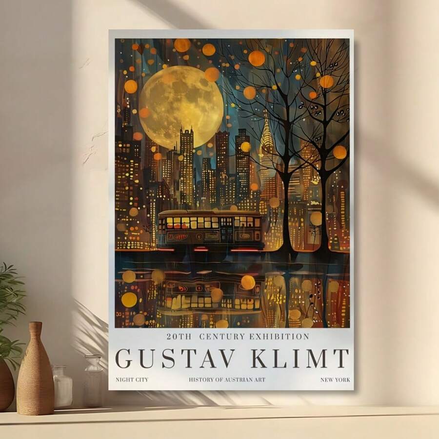 Framed Vintage Art Poster - Gustav Klimt Moonlit City & Train  Canvas Print - Modern Living Room, Bedroom, Dorm Decor Perfect Gift Idea  Birthday Party Decor, Mother's Day New Year Easter Gift, , Home Living Room Office Wall Decor, Perfect Gift And Wall Decoration - Framed - View 1