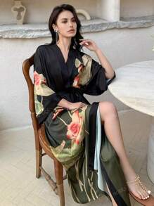 Vintage Elegant Loose Floral Print Mid-Length Kimono Cover Up Outerwear, Summer Tie-Waist Robe Beachwear