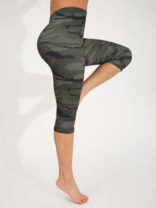 女士休闲时尚紧身裤，透气弹力紧身裤，欧美风格迷彩印花，适合家庭锻炼、瑜伽、户外海滩旅行、徒步旅行、露营、七分裤长度