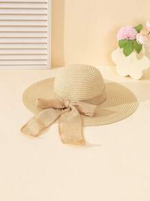 1pc Unisex Linen Ribbon Bow Decor Simple Fashion Flat-Brimmed Sun Hat, Large Brim Suitable For Summer Outdoor Daily Wear, Beach, Wedding, Children's Gift - Flat Edge Linen Ribbon - View 19