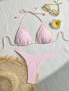 Women's Printed Fashionable Yellow Plaid Pattern Mini Triangle Bikini Set, Suitable For Summer Swimwear - Pink - View 2