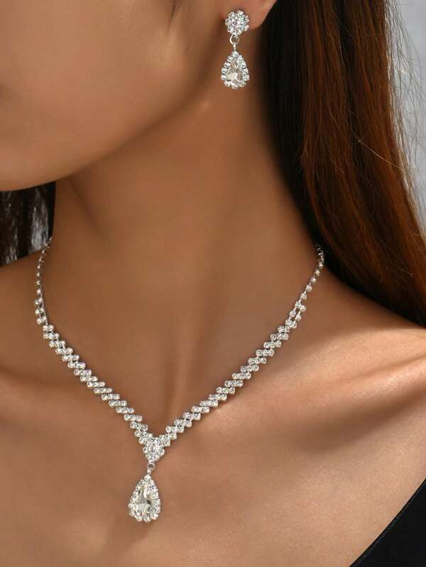3 Pieces/Set, Minimalist Fashion Diamond Necklace And Earrings Set, Versatile Jewelry For Weddings And Brides, Holiday Gifts For Others, Suitable For Wedding Parties