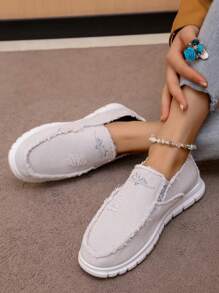 Embroidered Loafers For Teens - Unisex Casual Low-Top Canvas Shoes - Canvas Washed, Soft, Anti-Slip, Fashionable, Lightweight And Comfortable Shoes, Decorated With Floral Patterns