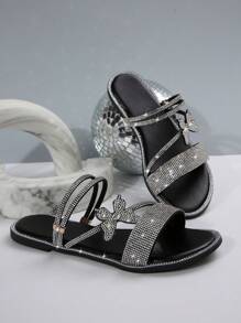 Summer New Minimalist Peep-Toe Strap Rhinestone Bowknot Flat Casual Fashionable Sandals For Women