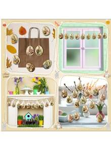 12 paquetes Adornos vintage tipo huevos de conejo, huevos de conejo de madera calada, decoraciones de fiesta de primavera, adornos de árbol festivos, accesorios de jardín de temporada, atrapasueños para decoración del hogar, sin necesidad de electricidad