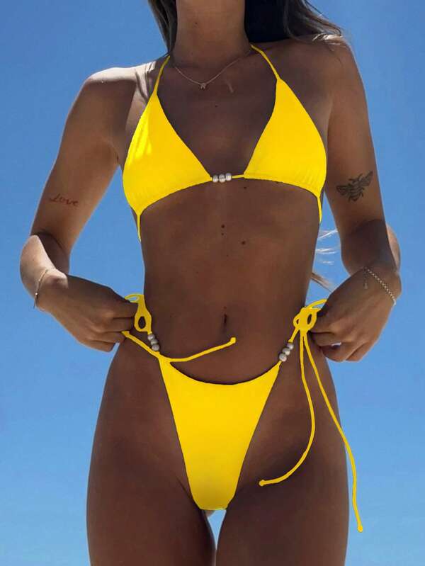 New Solid Color Spaghetti Strap Drawstring Party Bikini Set, Women Fashionable Beach Style For Summer