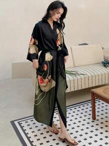 Vintage Elegant Loose Floral Print Mid-Length Kimono Cover Up Outerwear, Summer Tie-Waist Robe Beachwear