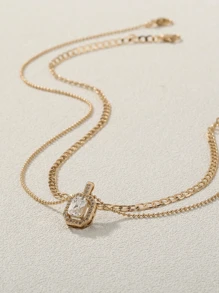 Nooxian 2pcs Set Multilayer Chain Necklace With Golden Pendant Design, Micro Pave Cubic Zirconia, Copper Beads, Fashion Jewelry For Women