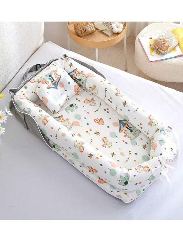 1 set de haute qualité de lit de bébé portable anti-écrasement avec dessin animé animal, ensemble de literie de lit de bébé avec oreiller, amovible et lavable, convenant aux nourrissons de 0 à 1 an, pour usage à la maison et en voyage
