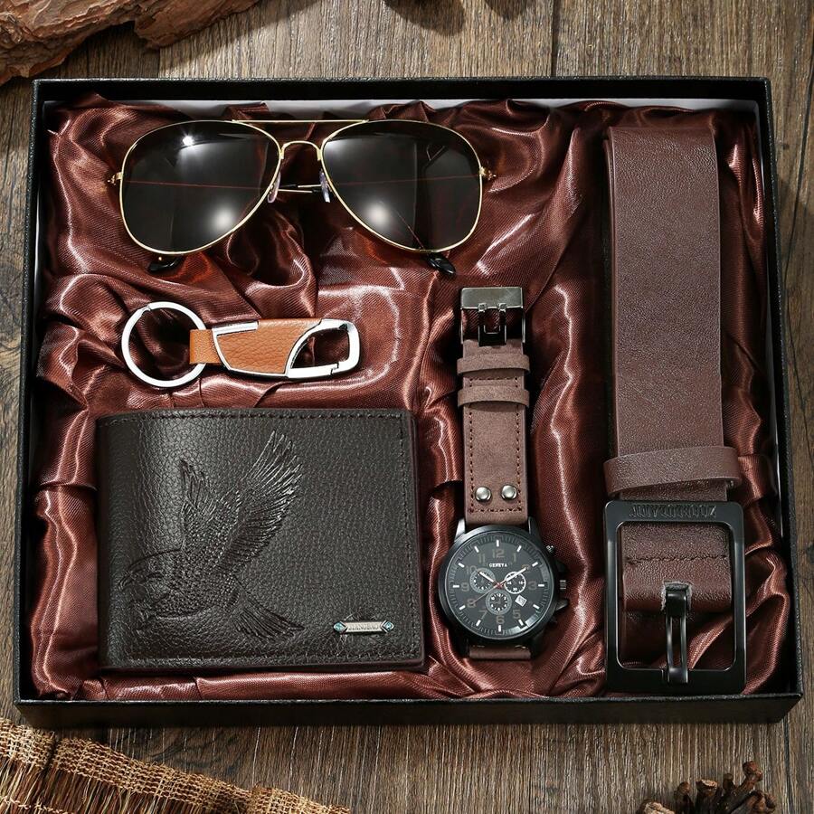 5pcs Men's Watch Gift Set, Including Watch, Belt, Wallet, Glasses, And Keychain, Luxury And Business Design To Elevate Your Style