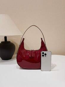 全新迷你漆皮可调节肩带单肩包腋下月牙包百搭时尚女包休闲包圣诞礼物派对前卫简约 - 酒紅色 - 查看 5