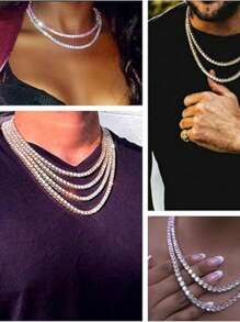 4mm Iced Out Rhinestone Tennis Chain Necklace For Men Women, Rhinestone Tennis Necklaces For Men Women And Teens, Tennis And Cuban Link Chains - 銀色 - 查看 2