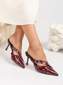 勃艮第红色尖头高跟铆钉玛丽珍穆勒鞋，带金属扣，优雅的办公室和派对时尚女士高跟鞋 - 酒紅色 - 查看 3