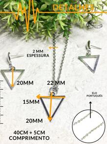 Conjunto Colar e Brinco Feminino 45cm Triângulo Vazado Prata Minimalista Aço Inox Antialérgico