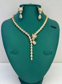 4 pièces Ensemble de collier, boucles d'oreilles, bague et bracelet de luxe avec motif léopard/tigre, pierres de zircone cubique blanche, forme de feuille. Ensemble de bijoux pour femme pour fête et mariage, cadeau pour la Saint-Valentin